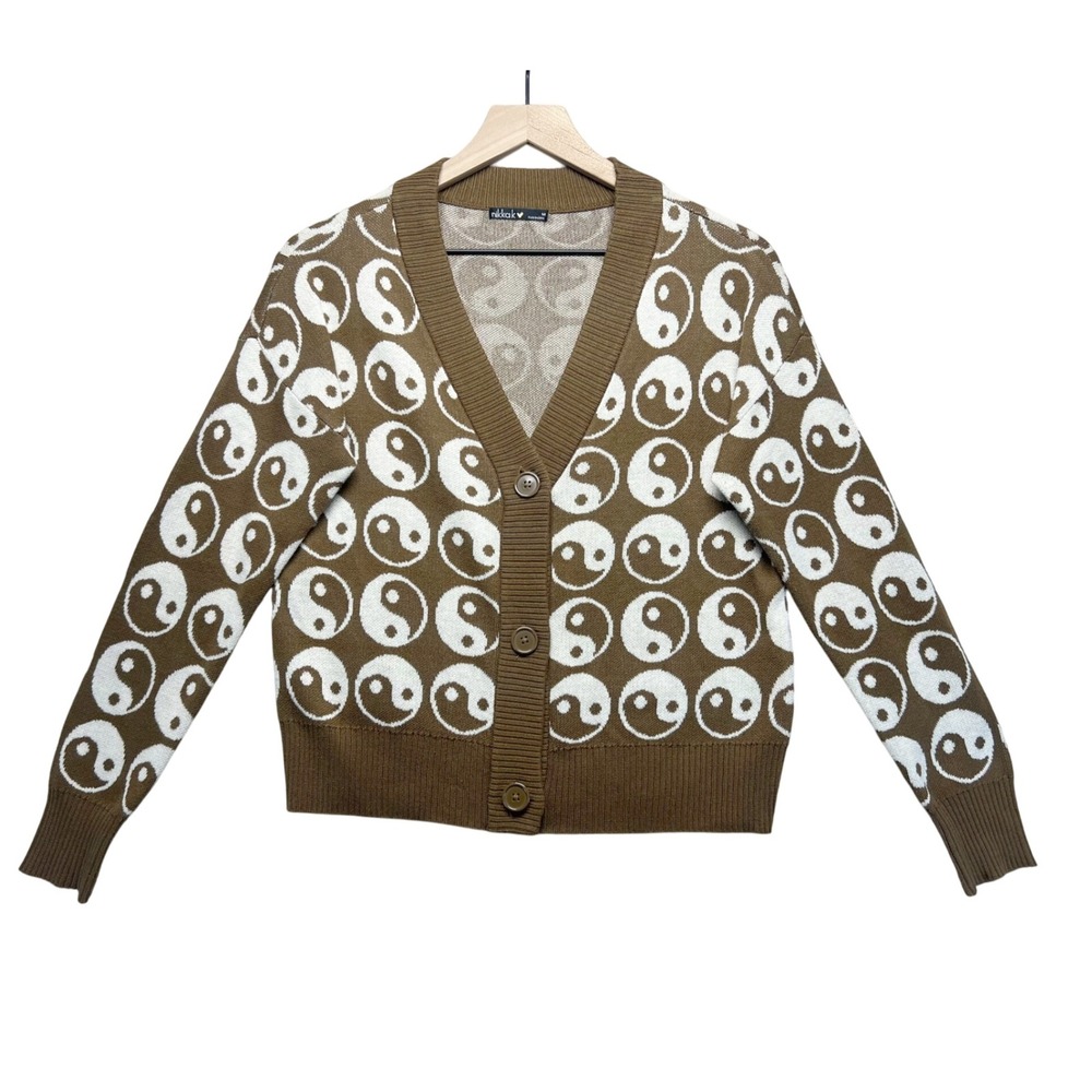 Nikka K Brown Yin Yang Cardigan Sweater‎ Knit Button Front Long Sleeve Boho  M
